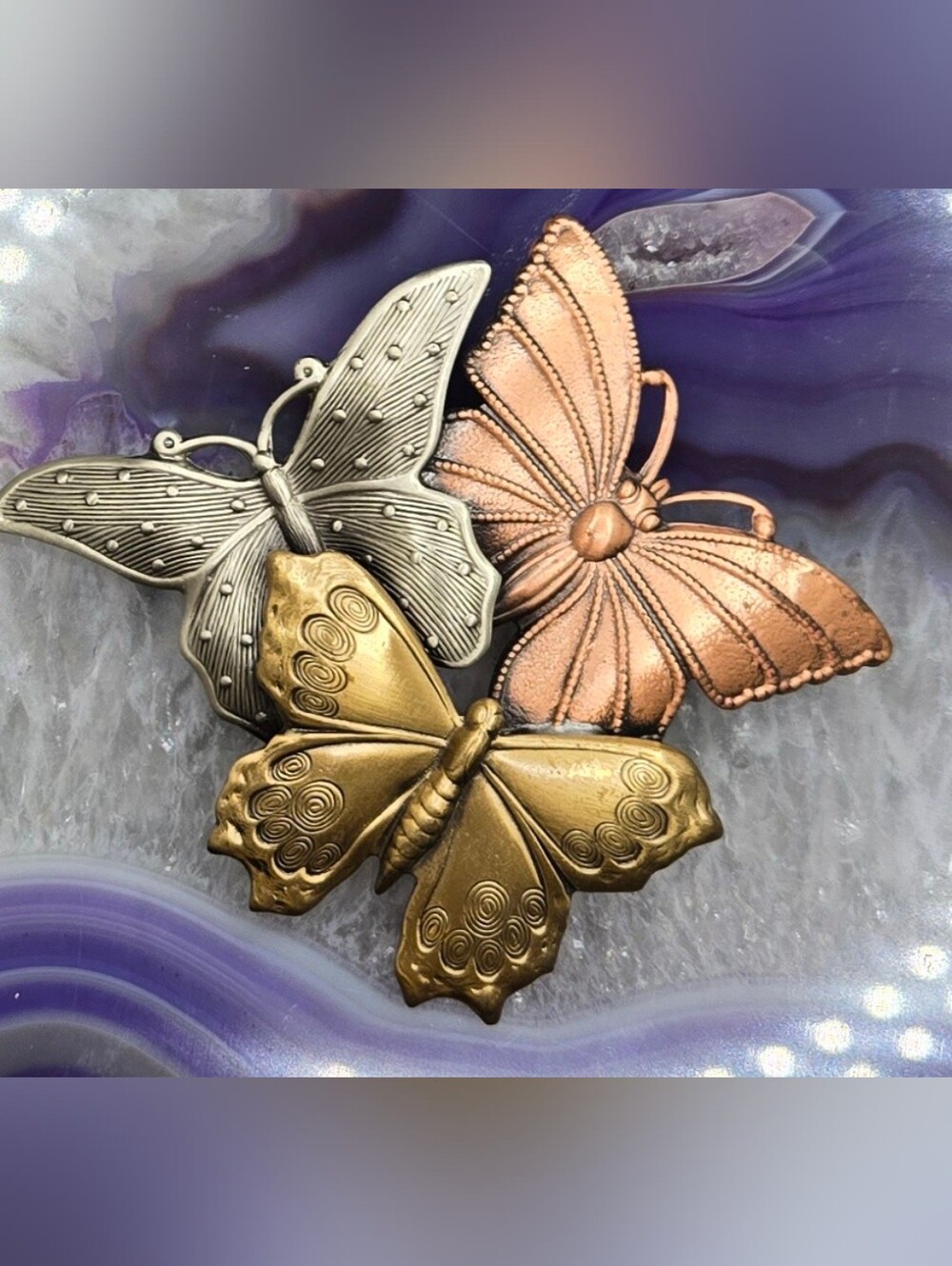 Metal Butterfly Trio Brooch - Gold, Silver, Copper Tones Vintage